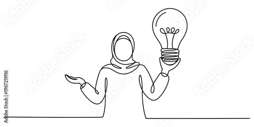 Continuous Line Drawing of Muslim Woman Holding Lightbulb