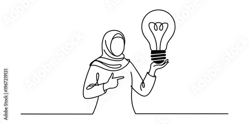Continuous One Line Drawing of Woman in Hijab Holding Lightbulb