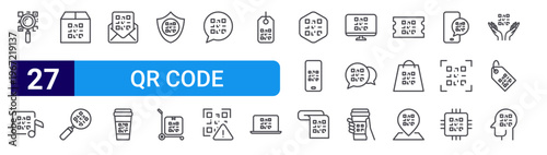set of 27 thin line qr code icons such as magnifying glass, qr code, box, magnifying glass, email, coffee, shield, shipping, bubble chat. editable stroke vector illustration isolated on white