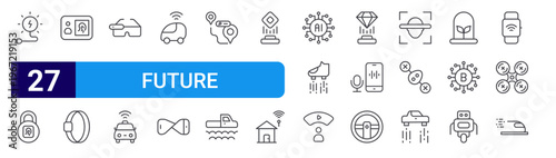 set of 27 thin line future technology icons such as solar energy, smart lock, biometric, bracelet, smart glasses, smart car, mini car, flexible mobile phone, search location. editable stroke vector