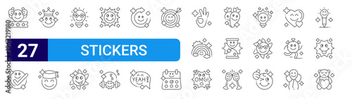 set of 27 thin line stickers icons such as good job, done, smiley, delighted, brilliant, fun, good day, relaxing, process. editable stroke vector illustration isolated on white
