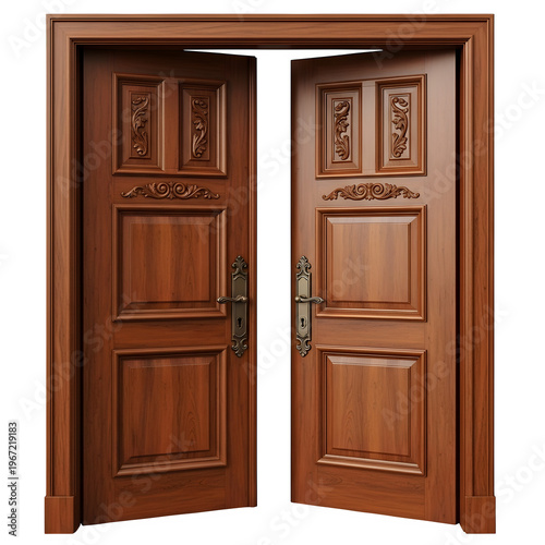 Open double wooden door, classic natural wood entrance concept, realistic object cutout suitable for architecture, interior, and design, isolated on white or transparent background. PNG format.