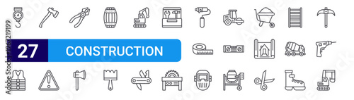 set of 27 thin line construction tools icons such as steelyard, vest, axe, danger, pliers, hatchet, barrel, paint brush, backhoe. editable stroke vector illustration isolated on white