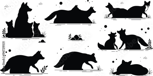 Fox silhouette poses collection with wildlife animals walking sitting running hunting and nature scene illustration set