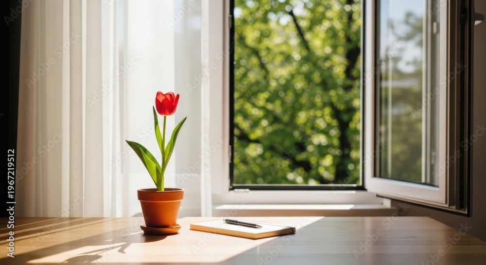 Fototapeta premium The wind blows through the window. A pot of tulips sits on the table.