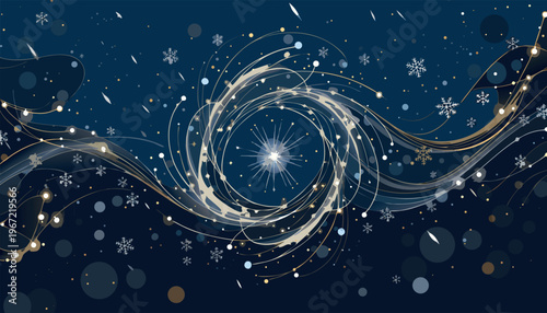 Abstract winter spiral with glowing snowflakes and cosmic energy trails on dark blue background