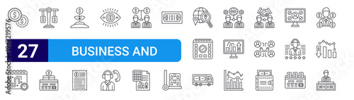 set of 27 thin line business and economy icons such as coins, planning, law, income, investment, receipt, vision, agent, cash. editable stroke vector illustration isolated on white