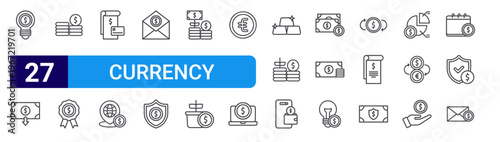 set of 27 thin line currency icons such as idea, loss, dollar coin, badge, invoice, location, email, insurance, money growth. editable stroke vector illustration isolated on white