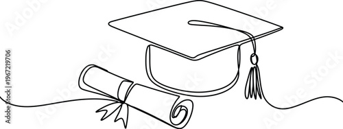 University graduation line art vector, minimalist black and white illustration of graduate student wearing cap and gown with diploma for education achievement and academic ceremony design.
