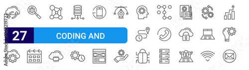 set of 27 thin line coding and programming icons such as sync, cloud computing, debug, calendar, hub, firmware, data, productivity, mobile. editable stroke vector illustration isolated on white