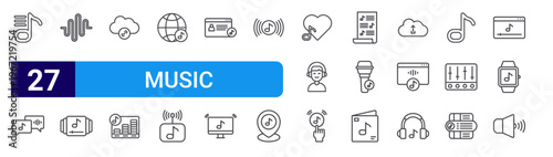 set of 27 thin line music streaming icons such as music playlist, chat box, audio waves, music playlist, link, equalizer, worldwide, streaming, profile. editable stroke vector illustration isolated