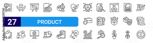 set of 27 thin line product management icons such as research, discussion, evaluating, sale, roadmap, development, trend, business strategy, launch. editable stroke vector illustration isolated on