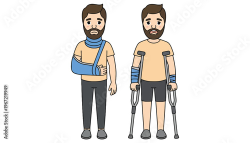 Injured man with arm in sling and using crutches illustration