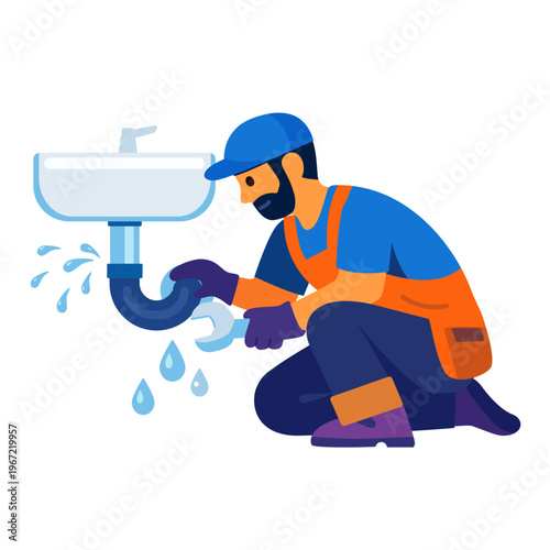 Vector illustration of a skilled plumber fixing a leaking sink pipe with a wrench, skilled trade concept.