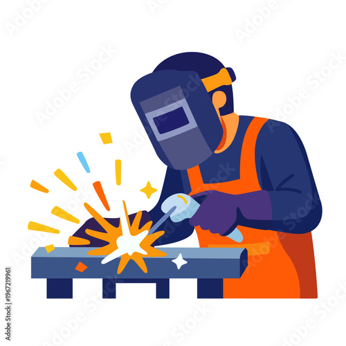 Vector illustration of a skilled welder wearing a protective mask working with metal and sparks, skilled trade concept.
