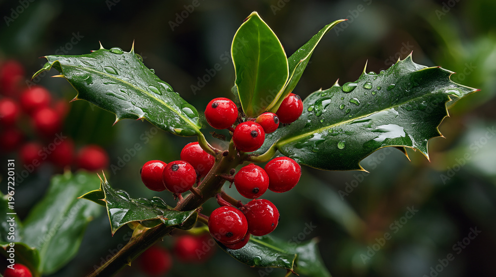 Obraz premium Vibrant red holly berries on green leaves with water drops.
