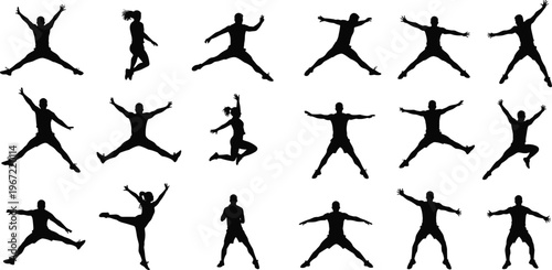 Silhouette people jumping and dancing, fitness and sports vector illustration, energetic poses, black figures, isolated on white background, motion, activity, choreography