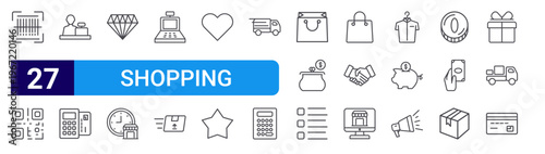 set of 27 thin line shopping icons such as barcode scanner, barcode, cashier, card payment, diamond, schedule, cashier hine, fast delivery, love. editable stroke vector illustration isolated on