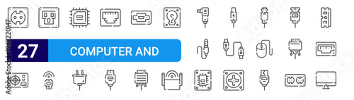 set of 27 thin line computer and hardware icons such as socket, power supply, lan, dongle, processor, connector, hdmi port, usb cable, connector. editable stroke vector illustration isolated on