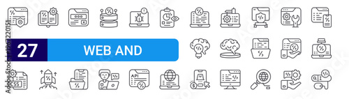 set of 27 thin line web and software icons such as web protection, css, book, rocket, website, mobile development, database, developer, virus attack. editable stroke vector illustration isolated on