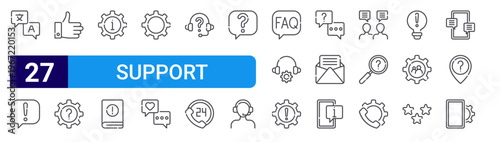 set of 27 thin line support icons such as translate, attention, like, question, information, book, tings, feedback, customer support. editable stroke vector illustration isolated on white