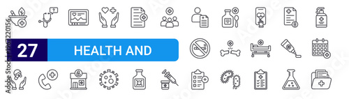 set of 27 thin line health and medical icons such as herbal treatment, drugs, question, phone call, monitor, phary, health, virus, prescription. editable stroke vector illustration isolated on white