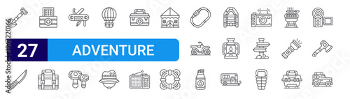 set of 27 thin line adventure icons such as shovel, knife, patch, suitcase, swiss army knife, mushroom, hot air balloon, hat, first aid kit. editable stroke vector illustration isolated on white