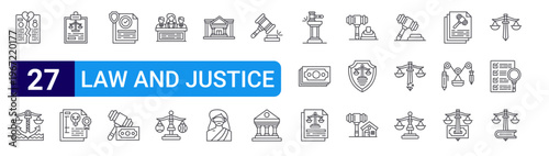 set of 27 thin line law and justice icons such as divorce, law, lawsuit, patent, compliant, fine, jury, sport, courthouse. editable stroke vector illustration isolated on white