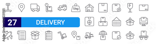 set of 27 thin line delivery icons such as scale, air delivery, location pin, paper, fast delivery, open box, weight scale, checklist, truck. editable stroke vector illustration isolated on white