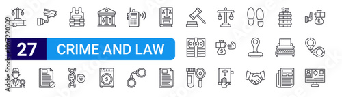 set of 27 thin line crime and law icons such as law scale, detective, cctv, documents, bullet proof vest, dna, court house, money laundering, walkie talkie. editable stroke vector illustration