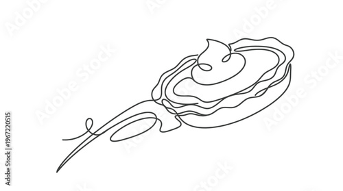 Minimalist Line Art Drawing of a Delicious Oyster with a Swirl of Cream and Lemon Wedge on a White Background