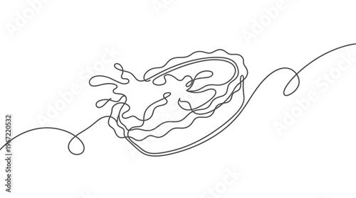 Minimalist continuous line art featuring a zesty citrus fruit slice, complete with an invigorating splash of liquid, representing freshness and vibrant taste
