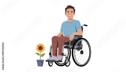 A smiling man in wheelchair sitting next to a sunflower