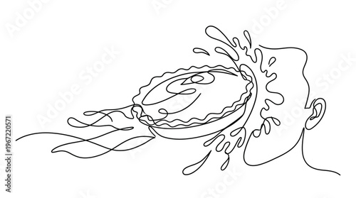 Dynamic single line illustration of a hilarious pie hitting a person's face, capturing the exaggerated splash, messy surprise, and comedic impact of a playful prank