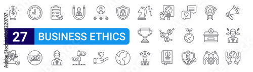 set of 27 thin line business ethics icons such as motivation, bribe, time, corruption, compliance, employee, engagement, choice, competence. editable stroke vector illustration isolated on white