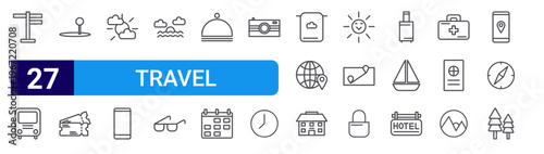 set of 27 thin line travel icons such as direction, double decker bus, region, boarding pass, sun, handphone, sun, glasses, food cover. editable stroke vector illustration isolated on white