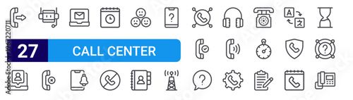 set of 27 thin line call center service icons such as outgoing call, video call, chat bot, reject, email, notification bell, calendar, no phone, rating. editable stroke vector illustration isolated
