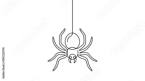 A minimalist line art illustration of a spider hanging from a thread, perfect for Halloween or insect themes