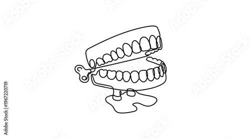 A playful line art illustration of a classic wind-up chattering teeth toy, depicting a whimsical and entertaining novelty item for amusement