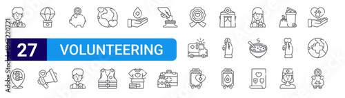 set of 27 thin line volunteering icons such as doctor, location, airdrop, megaphone, piggy bank, social worker, world, vest, blood donation. editable stroke vector illustration isolated on white