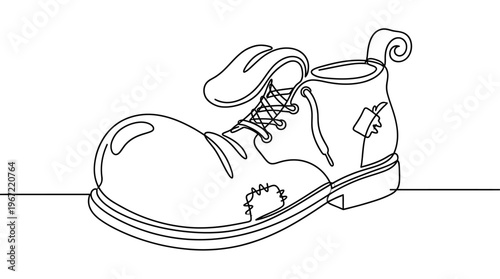A whimsical continuous line drawing captures the exaggerated charm of a large, worn-out clown shoe, symbolizing circus fun, playful entertainment, and humorous performance art