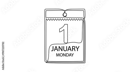 A simple one-line drawing illustration of a calendar page showing January 1st, Monday