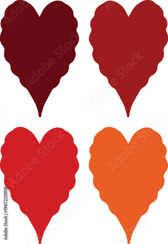 Four vibrant heart shapes, a romantic vector collection. Stylized love symbols, perfect for Valentine's Day designs, wedding invitations, or digital romance projects.