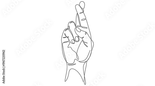 Minimalist continuous line drawing depicting a hand with fingers crossed, a universal symbol of hope, good fortune, and optimistic wishes for positive outcomes