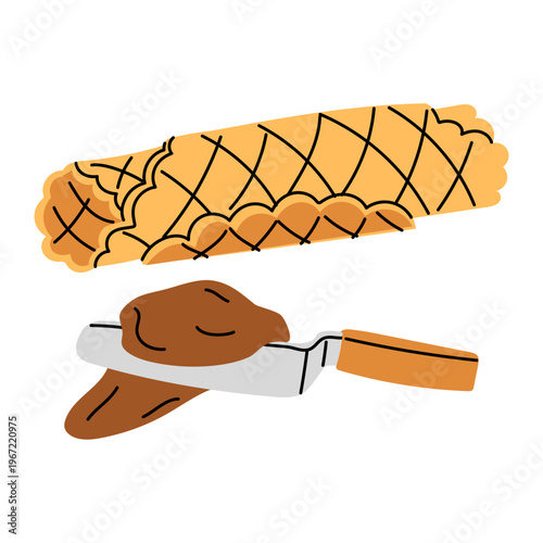 Flat illustration of a crispy waffle roll and a knife spreading chocolate cream or hazelnut paste. Sweet dessert preparation process. Isolated bakery snack on white background
