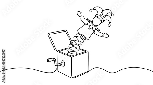 Surprise! A Jester Pops Out of a Jack-in-the-Box with a Handle, Vector Line Drawing