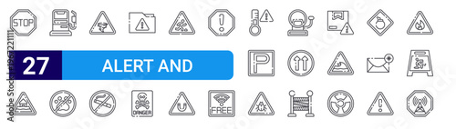 set of 27 thin line alert and warning icons such as stop, flood, petrol station, no dog, tornado, no smoking, folder, danger, stumble. editable stroke vector illustration isolated on white