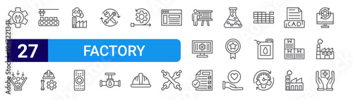 set of 27 thin line factory icons such as repair, bottleneck, industry, working, emission, remote control, utilities, valve, agile. editable stroke vector illustration isolated on white