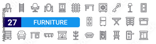 set of 27 thin line furniture icons such as dressing table, shelf, ladder, armchair, office chair, table, mirror, hooks, cabinet. editable stroke vector illustration isolated on white