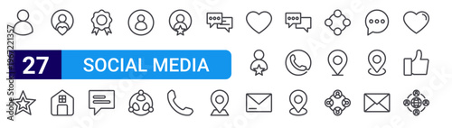 set of 27 thin line social media icons such as user, star, user, home, quality, chat box, user, teamwork, editable stroke vector illustration isolated on white